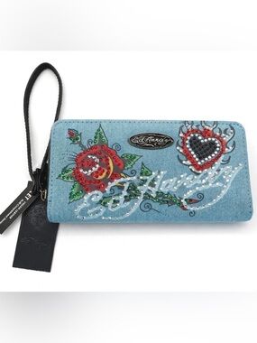 Ed Hardy Denim Wristlet Wallet with Red Rose and Heart Embellishment